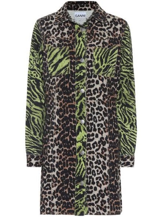 Ganni Dresses & Skirts - Ganni Green and Brown Leopard & Tiger Print Denim Shirt Dress